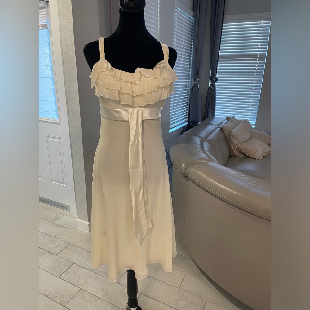 Vtg 90s Y2K BCBG PARIS 100% Silk Cream ruffle fairy midi slip dress US 4
